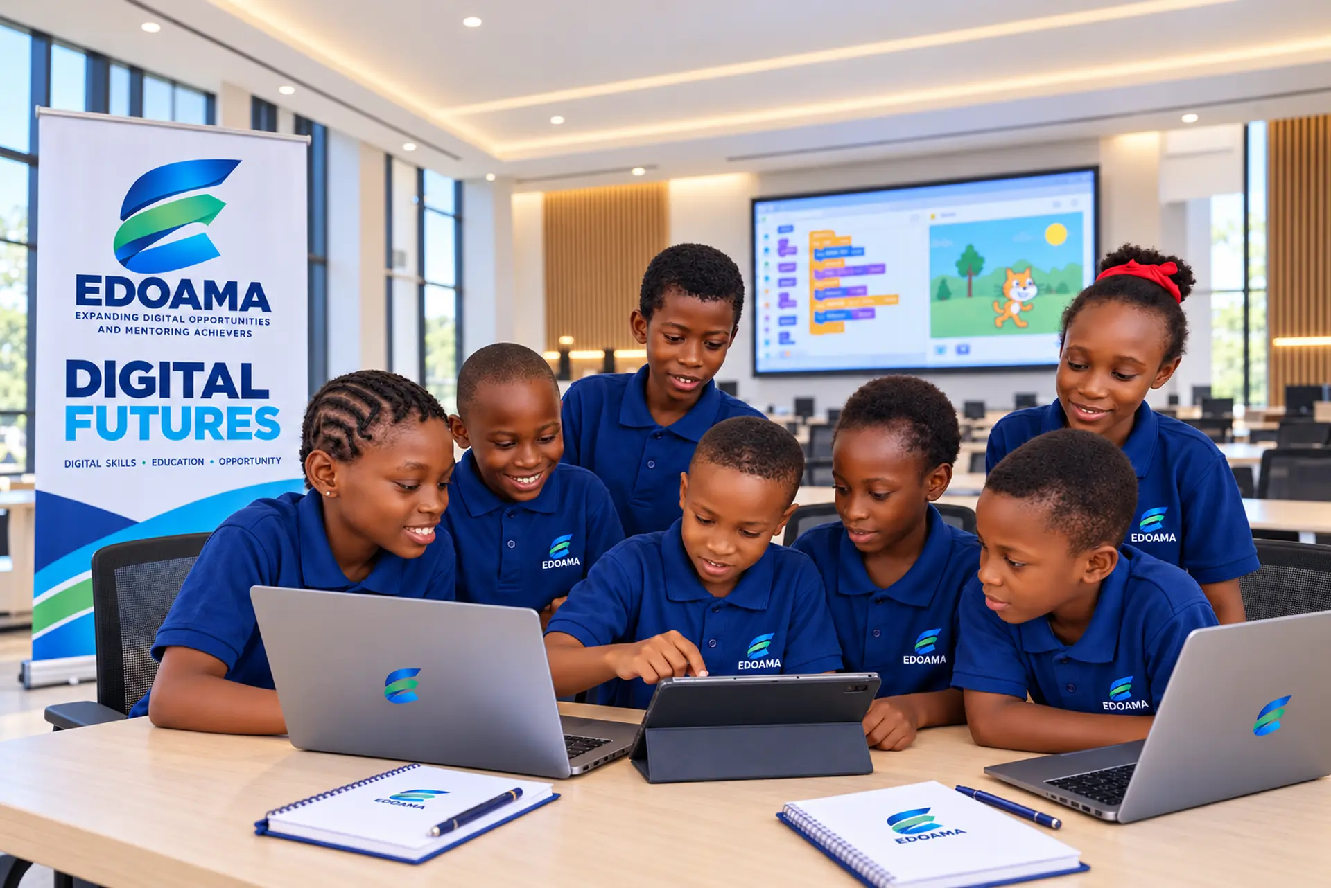 Young learners work together on tablets and laptops in an EDOAMA Digital Futures training hall.